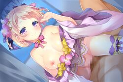 1boy blonde_hair braid breasts breasts_out censored choker closed_mouth cowgirl_position female flower flower_knight_girl game_cg german_iris_(flower_knight_girl) hair_flower hair_ornament kurot looking_at_viewer medium_breasts mosaic_censoring nipples official_art pink_neckwear purple_eyes ribbon_choker sex shiny shiny_skin shirt_pull short_hair smile spread_legs star star_choker straddling straight sweat thighhighs two_side_up vaginal_penetration white_legwear