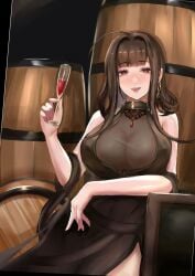 ahoge barrels black_dress brown_hair comic complex_background digital_media_(artwork) dsr-50_(girls'_frontline) girls'_frontline gold_earrings imminent_gore imminent_sex large_breasts leaning long_hair octa_(underbelly) red_eyes smile whisky_barrels wine wine_glass