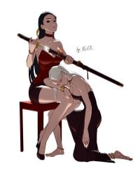 2d 2d_(artwork) 2d_artwork 2girls 2women ankle_rings black_dress black_hair dom/sub female holding_sword kneeling kneeling_female ng_hamburger oc original original_characters original_female_character swordswoman white_hair