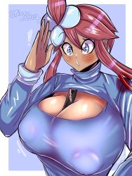 1girls blue_eyes cleavage cleavage_cutout clothed clothing dark-skinned_female object_between_breasts pokemon pokemon_bw red_hair skyla_(pokemon) spicezeros