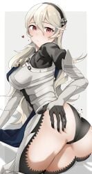 1girls absurdres armor armored_dress ass ass_focus bare_thighs black_hairband black_panties blush breastplate breasts commentary_request corrin_(female)_(fire_emblem) corrin_(fire_emblem) corrin_(fire_emblem)_(female) dress female female_only fire_emblem fire_emblem_fates grey_hair hair_between_eyes hairband hand_on_own_ass heart highres inner_thighs large_ass long_hair looking_at_viewer medium_breasts nintendo panties pointy_ears red_eyes shikohatsu simple_background solo sweatdrop thighs underwear white_background