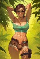 1futa abs absurd_res ai_generated armpits arms_up big_breasts braid breasts brown_hair bulge cleavage detailed_background fit_futanari futa_only futanari hands_behind_head hi_res highres jungle lara_croft looking_at_viewer nipples_visible_through_clothing outdoors phoenixeugene pose posing shorts smirk solo stable_diffusion standing thighs tomb_raider toned