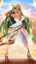 1futa balls big_breasts breasts clothed clothing dragon_penis dress erection fully_clothed futa_only futadom futanari green_hair high_heels huge_cock human kid_icarus kid_icarus_uprising leash light-skinned_futanari light_skin long_hair looking_at_viewer nenerhea nintendo palutena penis ribbed_penis see-through see-through_clothing solo standing translucent translucent_clothing