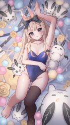 1girl animal_ears arm_up armpits bare_arms bare_shoulders black_choker black_legwear blonde_hair blue_eyes blue_flower blue_rose blurry blush bow breasts brown_hair bunny_ears bunny_girl bunnysuit choker closed_mouth covered_navel depth_of_field female_only flower food from_above hair_bow hairband highleg leotard lollipop long_hair looking_at_viewer lying manjuu_(azur_lane) medium_breasts on_back petals pink_rose rose single_thighhigh small_breasts smile solo strapless thighhighs very_long_hair virtual_youtuber vyugen white_rose yellow_rose yenko