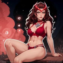 abstract_background ai_generated ass blush bra brown_hair diadem earrings embarrassed full_body heart heart_symbol lustful_mind marvel marvel_rivals panties red_bra red_headwear red_panties scarlet_witch scarlet_witch_(marvel_rivals) sitting solo solo_female tagme