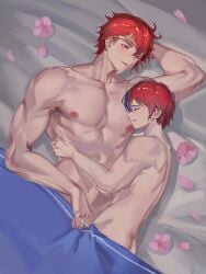 2boys alear_(fire_emblem) alear_(male)_(fire_emblem) asleep clinging cuddling diamant_(fire_emblem) divine flower_petals gay genki_xin male_only muscle_difference muscular muscular_arms muscular_male post_sex romantic romantic_couple size_difference smiling tagme tiara wedding_ring