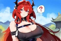 ai_generated arknights choker cleavage confusion henrik_n huge_breasts looking_at_viewer nipple_bulge nipples_visible_through_clothing novelai purple_eyes question_mark red_hair surtr_(arknights) thiccwithaq_(ai_style)