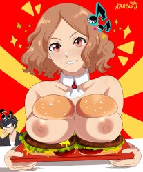 1boy 1girls absurd_res atlus black_hair breast_rest breasts breasts_on_tray brown_hair clothing curly_hair female food glasses hamburger_bun haru_okumura hi_res huge_breasts joker_(persona) karbuitt large_breasts male persona persona_5 ren_amamiya revision short_hair smile