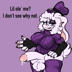 anthro big_breasts big_penis blue_eyes dialogue dickgirl erection eyeshadow fingerless_gloves furry futanari hat neisucksatart original_character precum rabbit solo sweater thighhighs