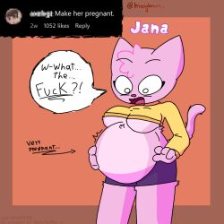 belly big_belly female furry furry_female instagram jana oc original pink pink_hair pregnant response skirt surprised surprised_face sweatshirt tshirt what