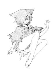 :p animal_ears ass barefoot camel_(dansen) cat_ears feet female female hair_over_one_eye makai_no_majishan monochrome no_panties original solo tongue tongue_out