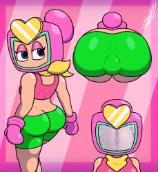 ass bandana blue_eyes bomberman clothed clothing eyeshadow green_shorts joelbrunox5 looking_back pink_eyeshadow pink_gloves pretty_bomber short_shorts shorts simple_background sports_bra yellow_bandana yellow_bandanna