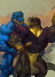 2boys anthro balls big_penis bottomless clothed clothing dinosaur duo gay goroguro half-erect hi_res humanoid_penis male male_only meat muscular muscular_male penis reptile scalie standing tight_clothing uncut yaoi