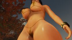 belly_button bikini black_hair bracelet freckles from_below glasses large_ass large_breasts nioh_2 oc screencap shiny_skin thick_thighs underboob