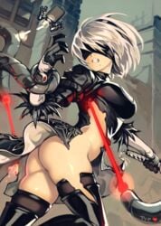 1girls ass black_clothing bottomless clothing covered_eyes destroyed_clothing female headband laser nier:_automata no_panties optionaltypo robot robot_girl short_hair stripped_by_tentacles tentacle tentacle_around_wrist thighhighs torn_clothes torn_dress torn_thighhighs wardrobe_malfunction white_hair yorha_2b