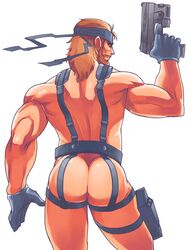 1boy ass back_muscles back_view bandana bara beard beaugilliam big_ass brown_hair bubble_ass bubble_butt dat_ass facial_hair from_behind garter_belt garter_straps gloves gun gun_holster holding_object holding_weapon holster human human_only konami leg_holster light_skin long_hair looking_at_viewer looking_back male_only metal_gear metal_gear_solid muscle muscles muscular muscular_male nude nude_male presenting_hindquarters revealing_clothes shiny_skin simple_background skimpy_armor solid_snake solo solo_focus solo_male suggestive thick_thighs white_background white_male