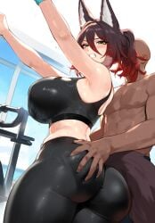 ai_generated ass ass_grab big_ass dark-skinned_male exercise fox fox_ears fox_girl fox_tail green_eyes groping gym honkai:_star_rail honkai_(series) interracial large_ass leggings molestation sexual_harassment sports_bra stable_diffusion stretching sweat tagme tingyun_(honkai:_star_rail) truck_kun