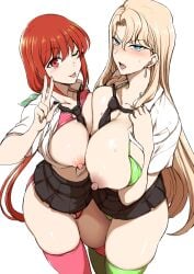 2girls 2milfs :p aiue_oka asymmetrical_docking bikini bikini_top_lift bikini_under_clothes black_necktie black_skirt blonde_hair blue_eyes blush breast_press breasts clothes_lift drop_earrings earrings green_bikini hair_between_eyes highres huge_breasts jewelry kurashiki_reika large_breasts long_hair looking_at_viewer loose_necktie mature mature_female milf multiple_girls necktie nipples obata_natsumi open_clothes open_shirt pink_bikini pink_thighhighs red_eyes red_hair saimin_seishidou school_uniform shirt short_sleeves skimpy skimpy_clothes skirt skirt_rolled_up slutty_outfit smile sweat swimsuit thighhighs tongue tongue_out white_background white_shirt