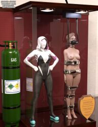 3d blonde_hair bound bound_arms bound_legs completely_nude completely_nude_female female female_only gwen_stacy mannequin marvel marvel_comics nude nude_female spider-gwen superhero superhero_costume superheroine thejpeger trophy_case unconscious unconscious_female