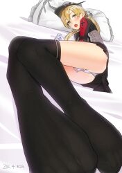 :o ama_mitsuki anchor_hair_ornament aqua_eyes artist_name ass black_ribbon black_skirt black_thighhighs blonde_hair blush clothed_masturbation cross dated feet female female_masturbation female_only fingering fingering_through_clothes fingering_through_panties foot_focus foreshortening full_body gloves hair_ornament hat iron_cross kantai_collection legs long_hair long_sleeves looking_at_viewer low_twintails lying masturbation masturbation_through_clothes microskirt military military_hat military_uniform no_shoes on_side open_mouth panties peaked_cap pillow prinz_eugen_(kantai_collection) ribbon see-through signature skirt solo solo_female thighhighs through_clothes toes twintails underwear uniform white_gloves white_panties