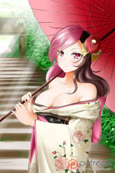 alternate_costume bare_shoulders blush breasts brown_eyes brown_hair cleavage closed_mouth collarbone day female female_only heterochromia japanese_clothes kimmy77 kimono large_breasts long_hair long_sleeves looking_at_viewer multicolored_hair neck neo_(rwby) off_shoulder outdoors parasol pink_eyes pink_hair rwby smile solo sunlight two_tone_hair upper_body wagasa wide_sleeves