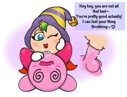 1boy 1girls 2024 anonymous_artist balls drool drooling duo female female_on_top green_eyes gryll kirby kirby_(series) kirby_super_star_stacker male nintendo one_eye_closed penetration penis pink_body pussy sex spiral_eyes sweat text vaginal_penetration waddling_head witch witch_hat