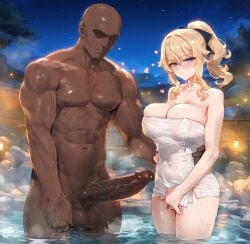 1boy 1boy1girl 1girls ai_generated big_breasts big_penis blonde_hair blue_eyes blush breasts clothed_female clothed_female_nude_male completely_nude curvaceous curvaceous_female curvaceous_figure curvy curvy_figure dark-skinned_male female female_focus genshin_impact grabbing_from_behind heart hot_spring huge_breasts huge_cock imminent_oral imminent_penetration imminent_sex interracial jean_gunnhildr looking_at_viewer male masturbation muscular muscular_male nude_male onsen penis robe sex standing straight touching_self towel towel_only voluptuous voluptuous_female waifulover waist_grab wet_clothes