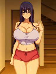 1girls anime_screencap belly belly_button big_breasts blue_eyes blush breasts closed_mouth clothed clothing collarbone curvaceous curves curvy curvy_body curvy_female curvy_figure eyebrows eyelashes female female_only fit_female hotpants huge_breasts indoors large_breasts legs legs_together light-skinned_female light_skin long_hair massive_breasts milf navel no_waifu_no_laifu ova pale-skinned_female pale_skin pants plump purple_hair queen_bee_(animation_studio) revealing_clothes ring screencap screenshot stairs standing stitched stomach sweat sweatdrop sweating sweaty_body thick_thighs thighs voluptuous voluptuous_female white_skin