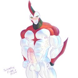 1boy alien balls bara ben_10 big_balls big_penis blush boner cum erection male male_only muscles muscular nude penis sharkfurryman solo solo_male to'kustar way_big