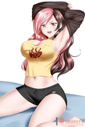 >:d :d alternate_costume armpits arms_up bare_legs bare_shoulders bed black_shorts blush breasts brown_eyes brown_hair cosplay erect_nipples female female_only hair_between_eyes heterochromia kimmy77 large_breasts legs long_hair looking_at_viewer midriff multicolored_hair naughty_face navel neo_(rwby) on_bed open_mouth pink_eyes pink_hair rwby short_shorts shorts sitting smile solo tank_top two_tone_hair undressing wariza white_background yang_xiao_long yang_xiao_long_(cosplay) yellow_tank_top