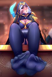 1girls ashe_(league_of_legends) blue_eyes blue_panties breasts cameltoe cleavage dress feet feet_focus feet_together league_of_legends league_of_legends:_wild_rift looking_at_viewer low-angle_view naufragonsfw no_shoes panties pov riot_games socks socks_on solo_female thighhighs upskirt white_hair