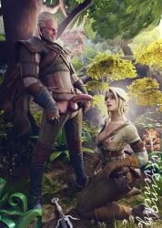 3d breasts cd_projekt_red ciri female forest fortnite freckles geralt_of_rivia green_eyes imminent_oral kneeling_oral_position light-skinned_female light-skinned_male looking_at_partner male mascara mascara_tears nipples outdoors penis precum scar sword testicles the_witcher_(series) the_witcher_3:_wild_hunt vexingvenery white_hair