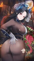 absurdres ass black_hair bodystocking breasts commentary_request cross cross_earrings earrings female from_behind gloves gmg goddess_of_victory:_nikke hat highres holding holding_staff ice_flower jewelry large_breasts looking_at_viewer maiden_(ice_rose)_(nikke) maiden_(nikke) official_alternate_costume panties red_eyes solo staff strap torn_bodystocking torn_clothes underwear white_gloves