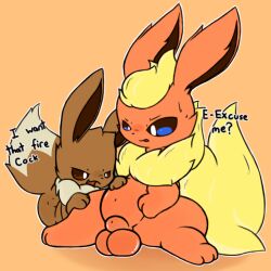 1:1 ambiguous_gender animal_genitalia balls dialogue duo dustyspaghetti eevee eeveelution english_text feral feral_only flareon fully_sheathed generation_1_pokemon genitals male nintendo open_mouth pokemon pokemon_(species) sheath simple_background smile text