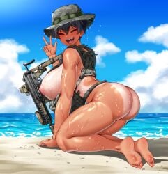 ass beach big_breasts blush boobs breasts butt camo exposed_torso female female_focus female_only firearm functionally_nude functionally_nude_female gun handwear hat headwear hitch_(hitch_driessen/perotoss400/kirochef) human large_breasts naked naked_female nipples nude nude_female ocean pale_skin rifle rokmc_chan sand sharp_teeth solo solo_female solo_focus tactical_nudity tan-skinned_female tanline tanned tanned_skin tits tomboy weapon wet