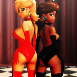 2girls 3d ass ass-to-ass big_ass big_breasts blonde_hair blue_eyes breasts brown_hair busty fat_ass female female_only hair_over_one_eye hand_on_leg hand_on_own_leg hand_on_own_thigh highres large_breasts legs leotard long_hair looking_at_viewer looking_back mario_(series) multiple_girls navel nintendo pink_lips pose posing princess princess_daisy princess_rosalina seductive seductive_smile short_hair sideboob smile solo thick_thighs thighs virtualblueam2