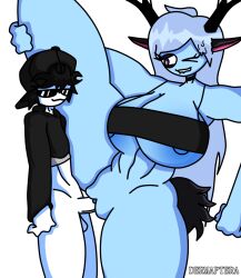 2d big_ass big_breasts black_hair cap cyan_body cyan_hair dermaptera hangeid horns purple_eyes roblox roblox_avatar shorter_male smug_face sunglasses tail taller_girl vaginal_penetration white_skin