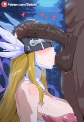 1boy 1girls ai_generated angewomon blonde_female censored dark-skinned_male digimon digimon_(species) female galxy gintoai interracial male/female sex