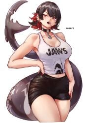 2d 2d_(artwork) aosora big_breasts black_hair breasts ellen_joe light-skinned_female light_skin multicolored_hair red_hair shark_girl shark_tail short_hair video_game_character zenless_zone_zero