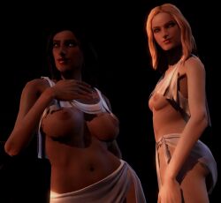 2girls 3d aphrodite's_handmaiden aphrodite_servants_(god_of_war_3) areolae aroused black_background black_hair black_skin blonde_hair breasts_out brown_eyes curvy_female dimly_lit god_of_war god_of_war_3 greek_mythology highres large_breasts light_reflection screenshot sex_servants slim_waist small_breasts video_game white_skin