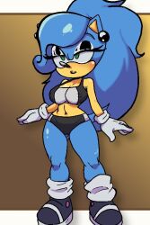 annoyed_expression big_breasts blue_fur blue_hair broth_nsfw cleavage crop_top earrings female furry genderswap_(mtf) green_eyes long_hair rule_63 sega shoes socks sonic_(series) sonic_the_hedgehog sonique_the_hedgehog underwear