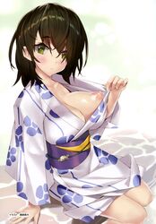 absurdres arm_support artist_name bangs blush breasts brown_hair cleavage closed_mouth eyebrows_visible_through_hair female fingernails green_eyes highres japanese_clothes kazama_sena kimono large_breasts looking_at_viewer medium_hair nipples obi sash scan shiny shiny_hair shiny_skin simple_background sitting solo tsurusaki_takahiro water yukata zutto_mae_kara_joshi_deshita