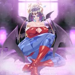 1girls areola_slip areolae big_breasts black_hair breasts cleavage collarbone curvaceous curvaceous_female curvy curvy_female curvy_figure demon_girl demon_horns digimon female gerusyu hair_ornament hi_res highres holding_own_breast horns huge_breasts large_breasts lilith_aensland_(cosplay) lilithmon makeup mature mature_female monster_girl parted_bangs purple_lips purple_lipstick purple_skin sidelocks succubus voluptuous voluptuous_female