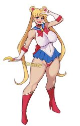 1girls 2024 2d big_breasts bishoujo_senshi_sailor_moon blonde_hair blue_eyes blush clothing commission female female_only full_body g-string giant_breasts heel_boots hi_res high_heel_boots high_heels huge_breasts jakuson_z large_breasts lipstick long_hair miniskirt panties pose red_lipstick sailor_moon skirt smiling smiling_at_viewer solo thick_thighs thong twintails usagi_tsukino v_sign white_background