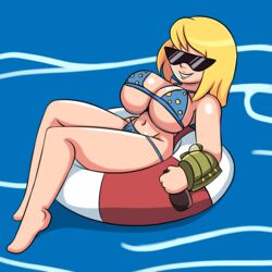 beer big_breasts bikini bikini_bottom bikini_top blonde_hair bottle bottomwear breasts computer electronics eyewear fallout fallout_4 female female_only iggy-bomb no_artist_signature no_source pip-boy sunglasses swimwear thick_thighs topwear vault_girl wristwear
