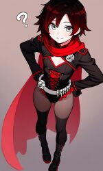 ? ai_generated alternate_costume alternate_outfit boob_window corset female flat_chest gloves hand_on_hip high-angle_view leotard looking_at_viewer pantyhose ruby_rose rwby scarf skinny smiling thighhigh_boots