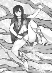 absurdres arm_up bangs barefoot belt blush bracelet breasts cape closed_mouth collarbone dodomesu feet female female full_body greyscale highres jewelry leg_up long_hair midriff miniskirt monochrome navel original outdoors panties panties_aside peeing pubic_hair pussy skirt small_breasts solo spread_legs steam strapless sweat tree tubetop uncensored underwear vest