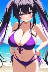 1girls ai_generated beach big_breasts bikini black_hair blush blushing female flanofart multicolored_hair oc original purple_eyes purple_hair smile smiling smiling_at_viewer solo solo_female tagme twintails