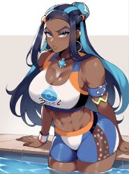 1girls ai_generated black_hair blue_eyes blue_highlights breasts cleavage dark-skinned_female female game_freak kelly_ai large_breasts long_hair nessa_(pokemon) nintendo pokemon pokemon_ss shorts stable_diffusion wide_hips