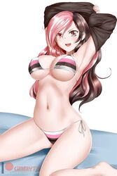 >:d :d alternate_costume armpits arms_up bare_shoulders bed bikini blush breasts brown_eyes brown_hair erect_nipples female female_only hair_between_eyes heterochromia kimmy77 large_breasts long_hair looking_at_viewer midriff multicolored_bikini multicolored_hair multicolored_swimsuit naughty_face navel neo_(rwby) on_bed open_mouth pink_eyes pink_hair rwby side-tie_bikini sitting smile solo striped striped_bikini striped_swimsuit swimsuit two_tone_hair undressing wariza white_background